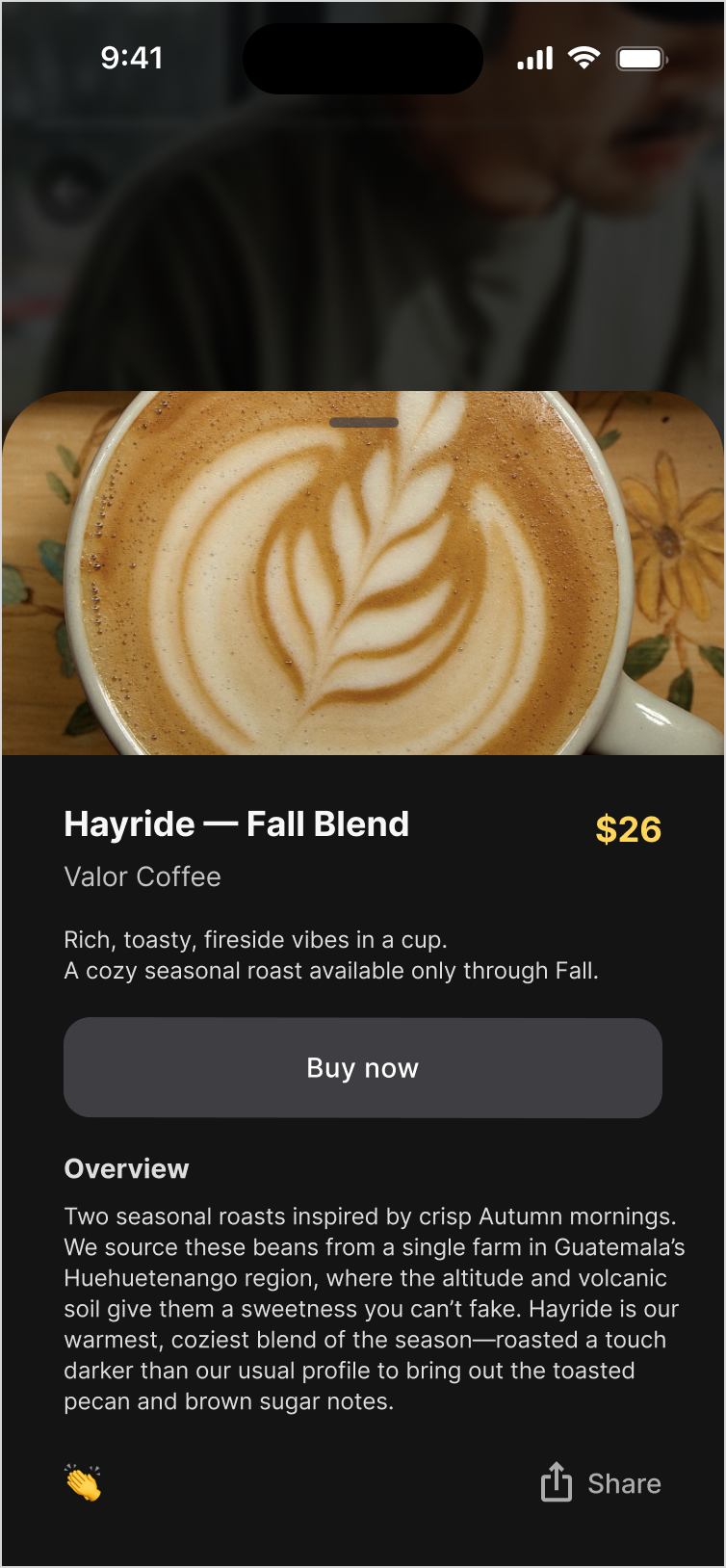 Shopify product drawer — Hayride Fall Blend, $26, Buy Now