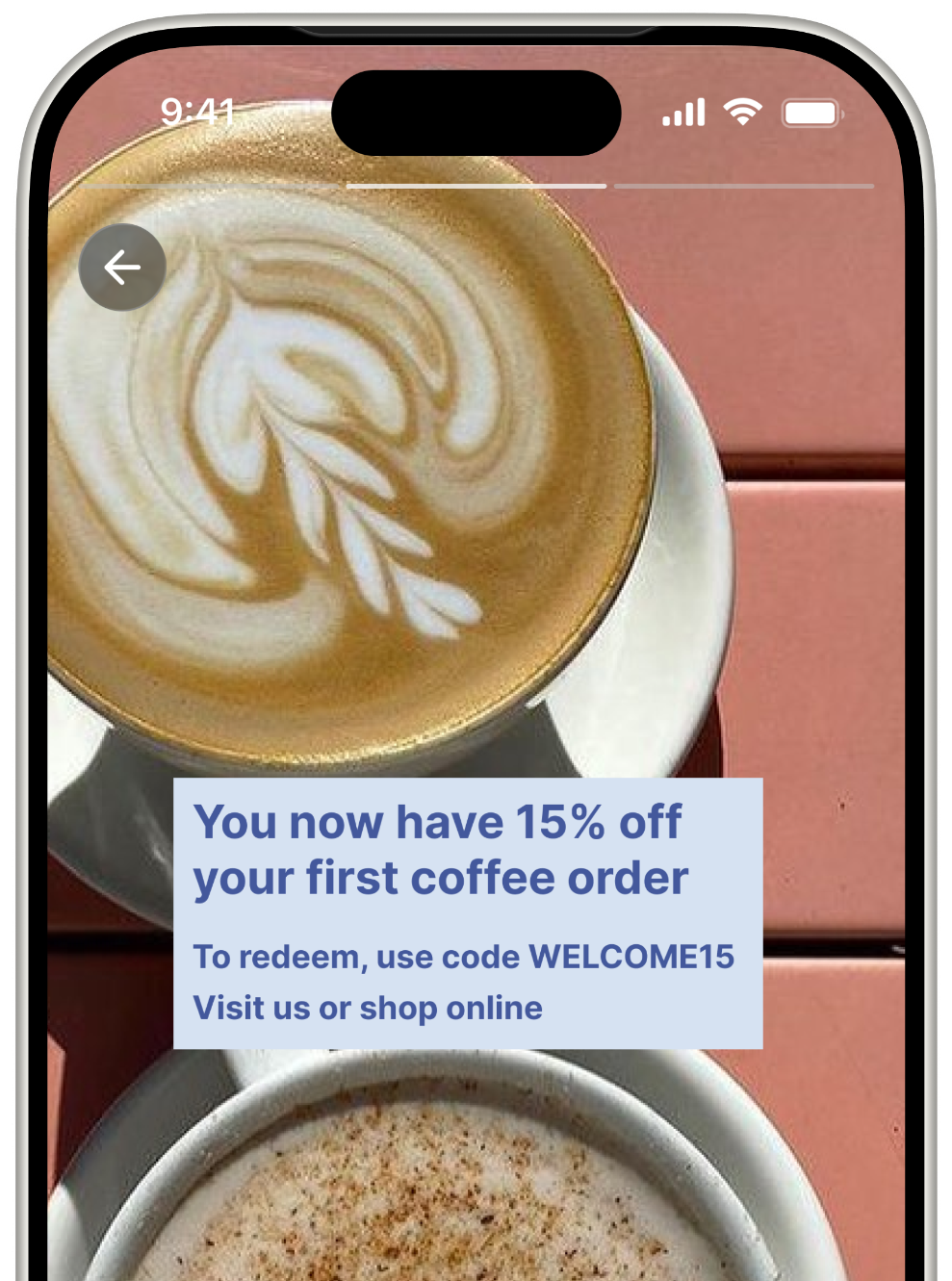 Welcome story — automatic greeting with discount code for new followers