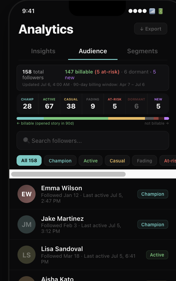 Audience segments — Champions, Active, Casual tiers
