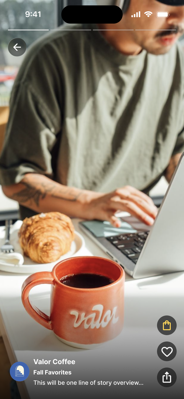 Full-screen story — Valor Coffee Fall Favorites with shopping bag CTA